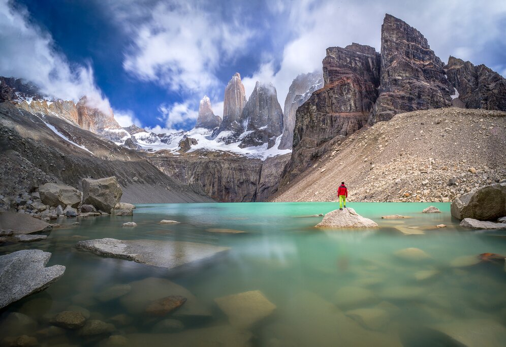 Trekkers viewing a majestic glacier in Patagonia, South America